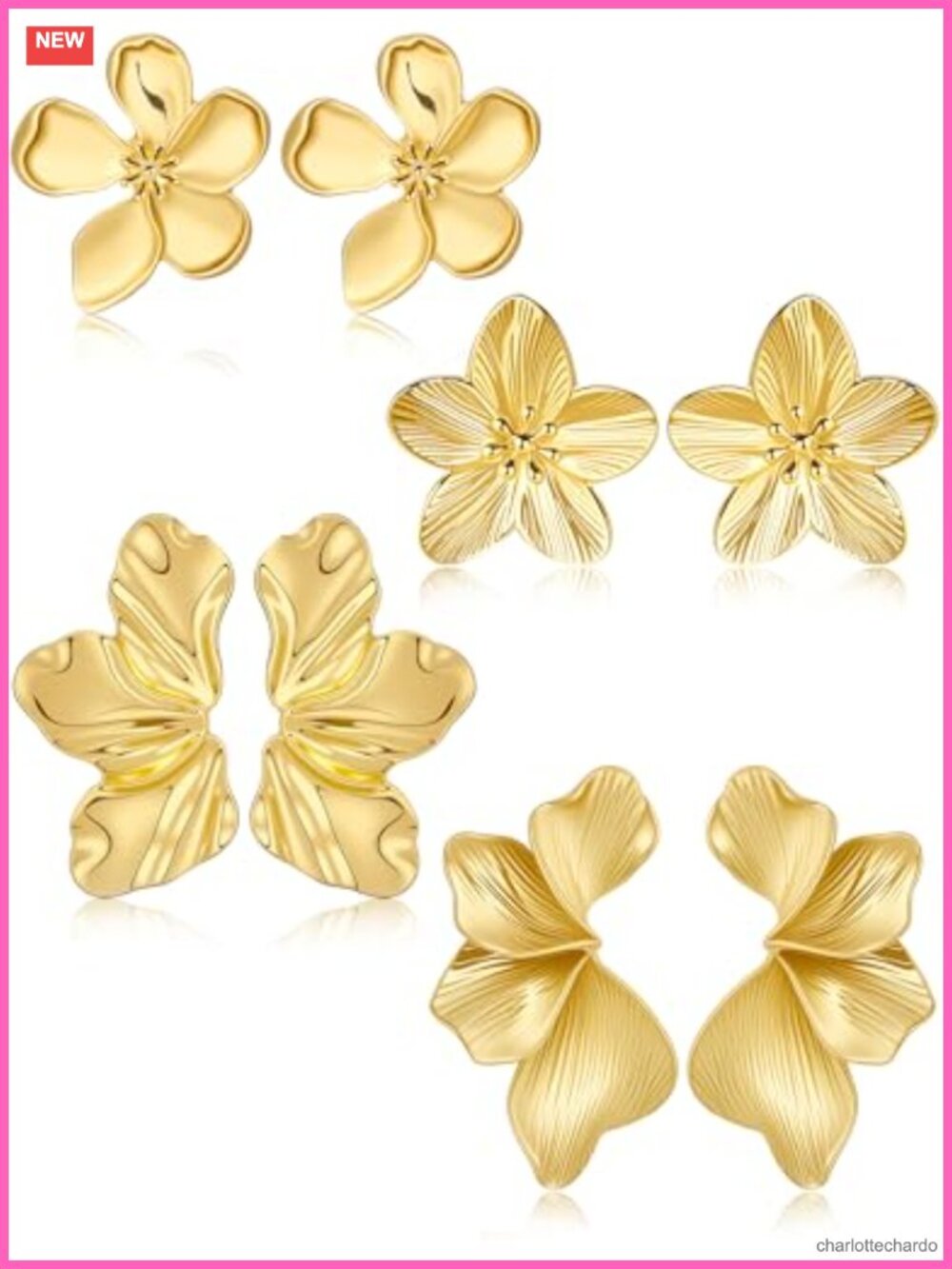 Gold Plated Statement Flower Drop Earrings for Women, Bohemian Floral 3D Design